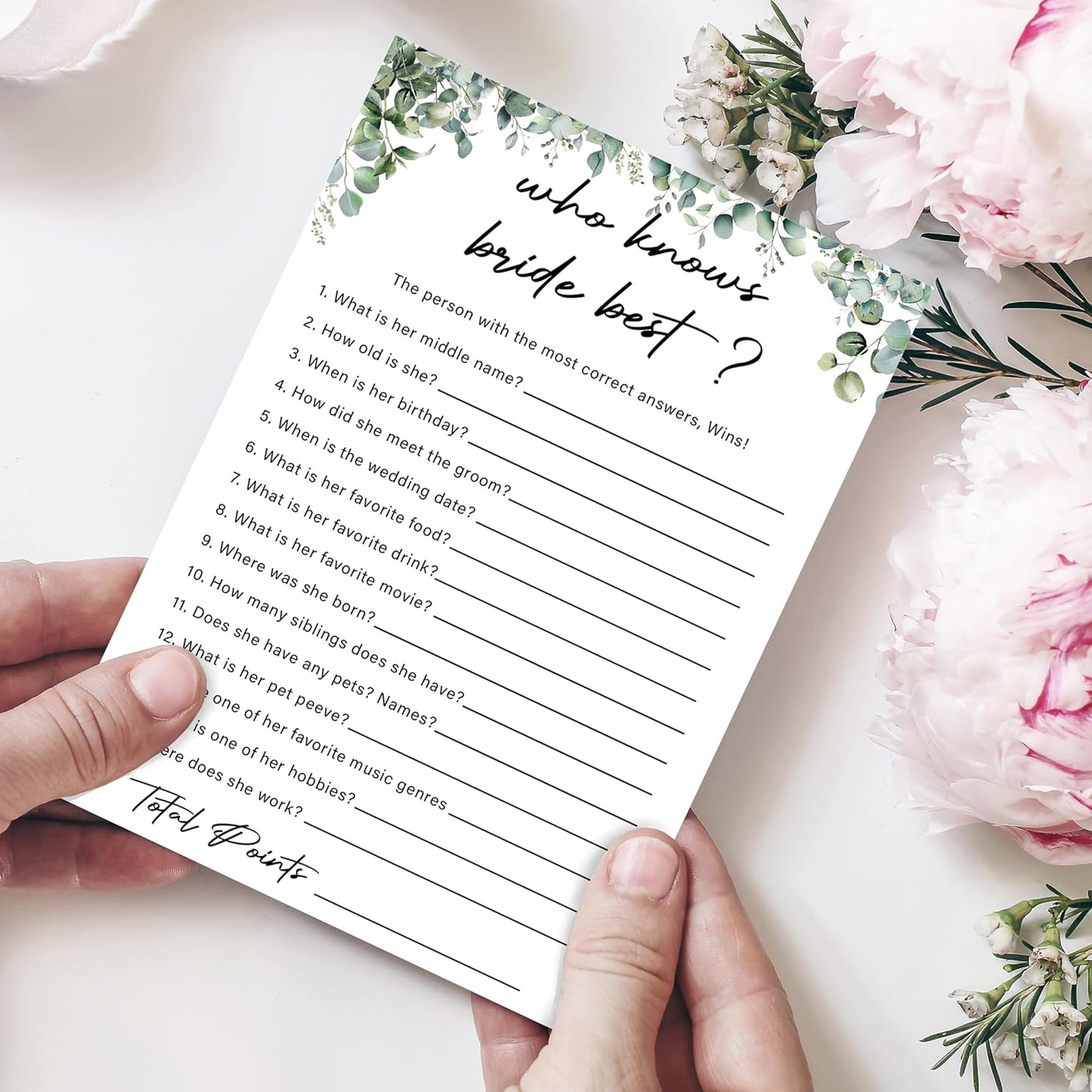 Eucalyptus Bridal Shower Game Cards - Who Knows Bride Best, Wedding Engagement Bachelorette Party Bridal Shower Games for 30 Guests, Double Sided Cards Set of 30, Activity Supplies & Favor/A11