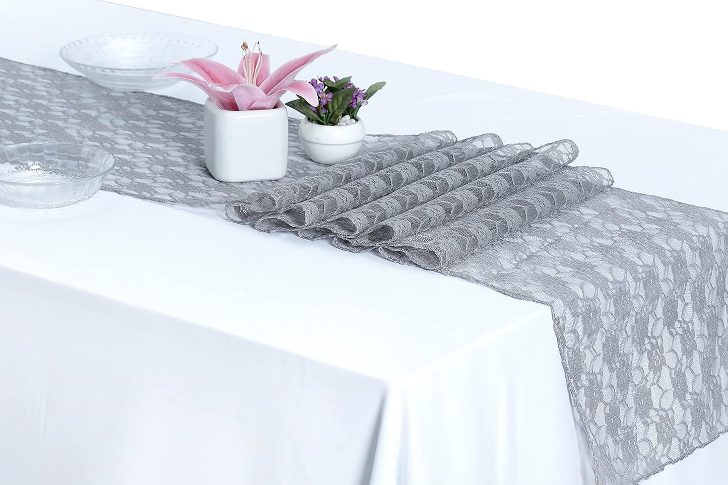 MDS Pack of 25 Wedding 12 x 108 inches Lace Table Runner for Wedding, Decorations for Birthday Parties, Banquets, Graduations, Engagements, and Runners fit Rectangle, Round Table- Silver Gray