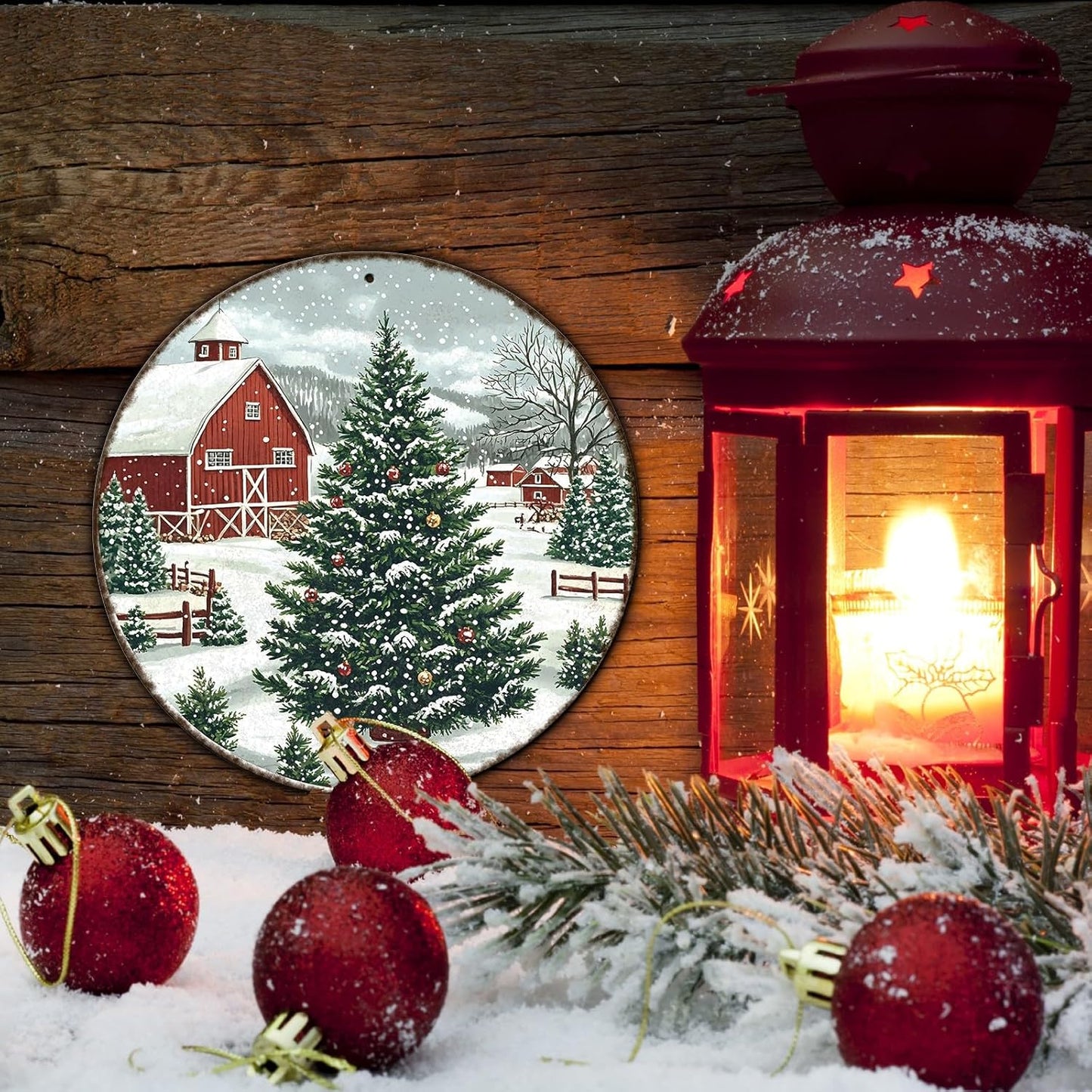 Round Christmas Trees Barn Metal Tin Sign Christmas Vintage Tin Sign for Kitchen Cafe Bar Farmhouse Home Wall Decor Art Winter Decoration 8 * 8 in