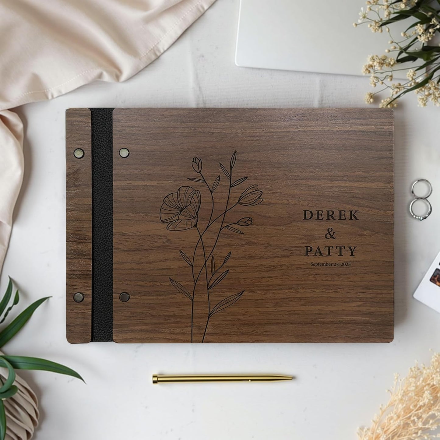 Personalized Wooden Wedding Guest Book, Custom Reception Sign Wooden Guestbook, Wedding Anniversary Birthday Decoration Supplies, Ideal for Photo Wedding Album, Photobooth Guestbook (Dark Walnut)