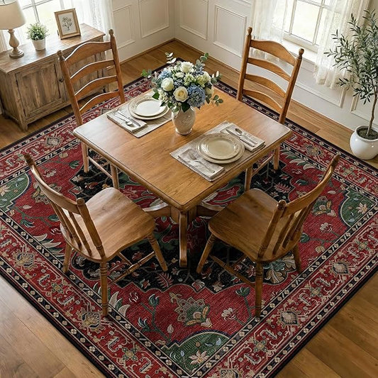 RELEANY Area Rugs Square 8ft Washable Non-Slip, Floral Vintage Distress Print by RELEANY