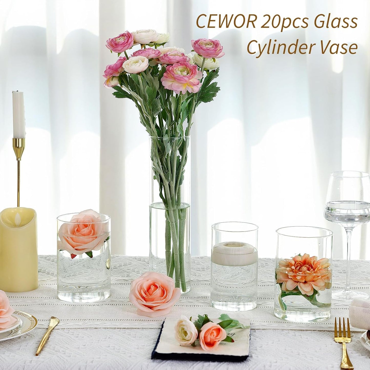 CEWOR 20pcs Flower Vases for Centerpieces, 6 Inch Glass Cylinder Vase Clear Vases Candle Holder for Floating Candles Home Table Decor Wedding Party, 2 Diameters