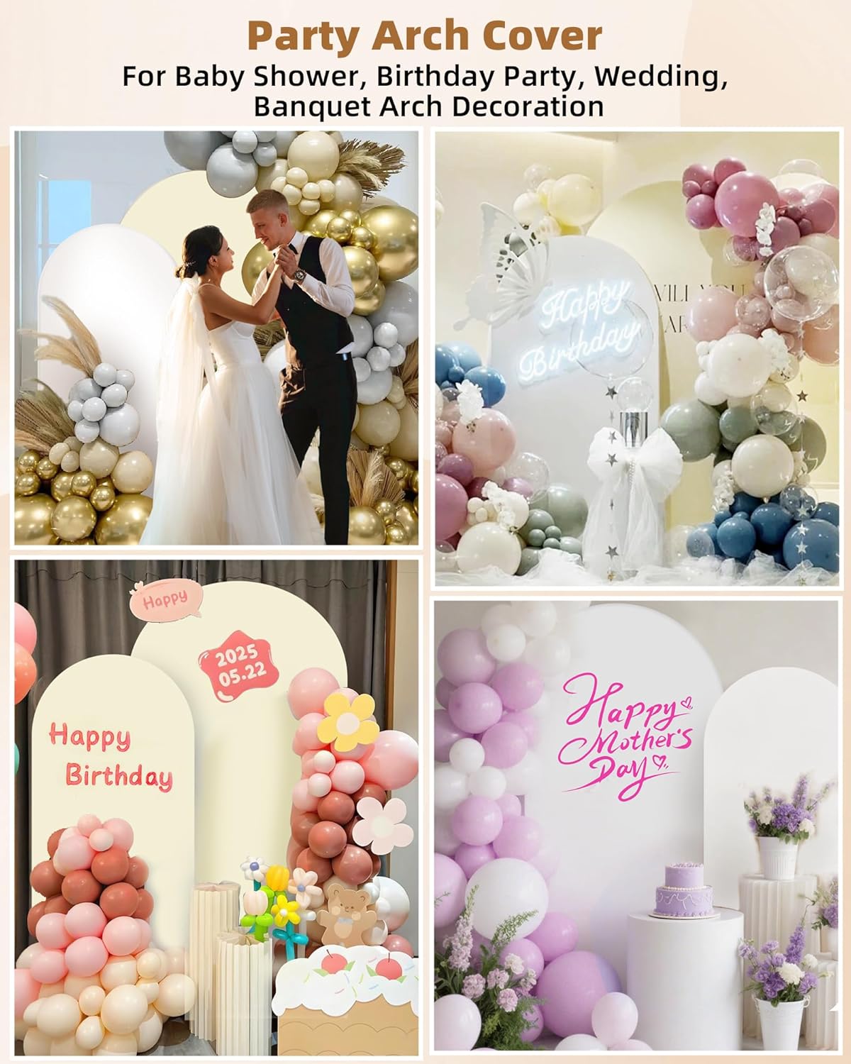 HEMMOTOP White and Light Beige Arch Backdrop Cover 7.2 ft, 6ft, Wedding Arch Covers Stretchy Backdrop 2 Set, Double Color Spandex Arched Background for Birthday Party, Baby Shower