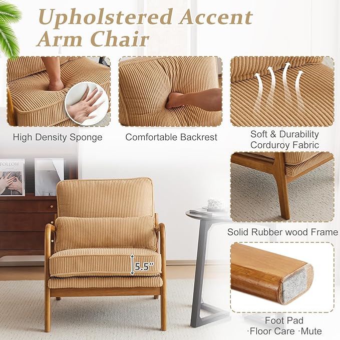 VINGLI Upgraded Premium Corduroy Accent Chair, Upholstered Arm Chair, Solid - Image 5