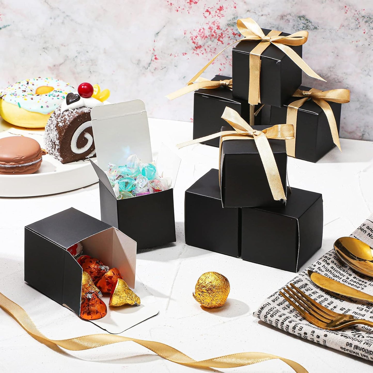 Jutom 100 Pcs Mini Favor Boxes Extra Small Candy Boxes Paper with Gold Ribbon for Christmas Thanksgiving Day Birthday Wedding Anniversary Supplies(2 x 2 x 2 Inch,Black)