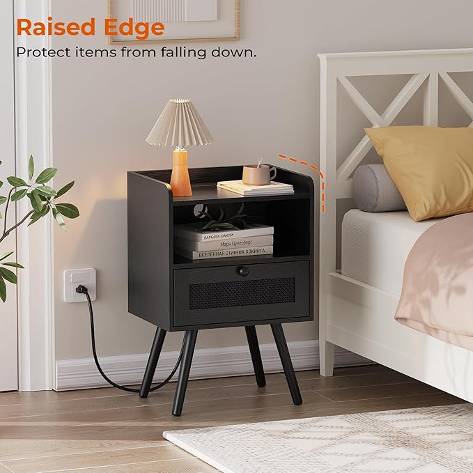 SUPERJARE Nightstand with Charging Station, Bedside Table with Texilene Surface - Image 4