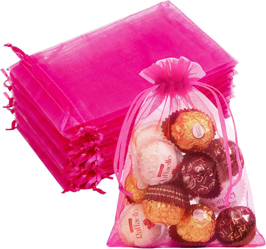50 Pcs Hot Pink Organza Gift Bags 5x7 Inch, Small Mesh Bags Drawstring Jewelry Pouch Bags Goody Bags for Candy Wedding Party Favor