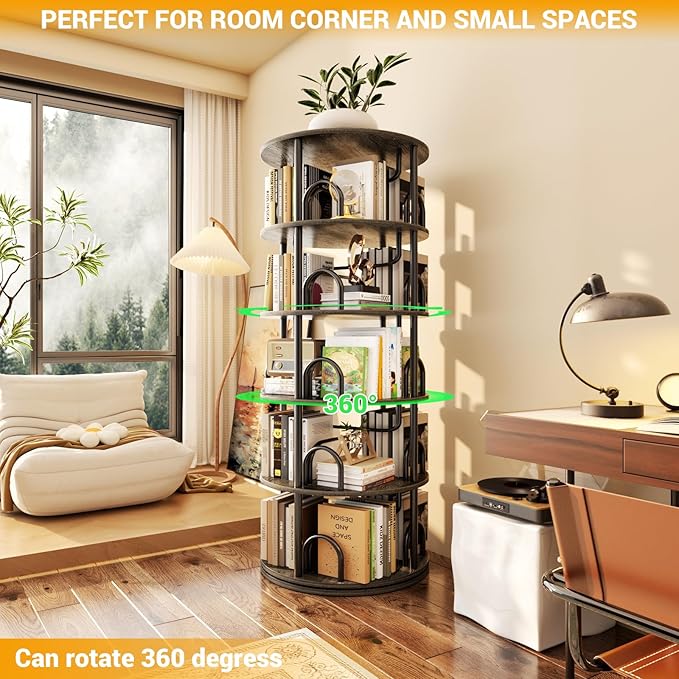 Aheaplus 5 Tier Rotating Bookshelf Tower, 360 Display Spinning Bookcase - Image 7