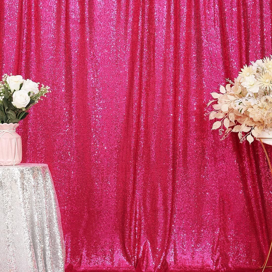 Poise3EHome 8FT x 10FT Sequin Photography Backdrop Curtain for Party Decoration, Hot Pink