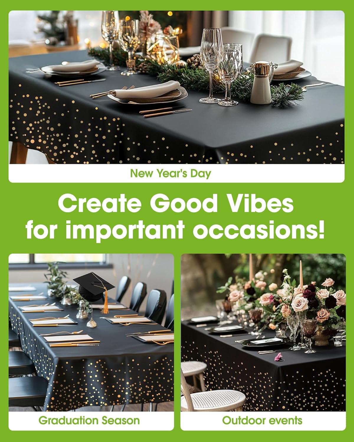Pureegg Plastic Table Cloth Disposable 10 Pack, 54 x 108 Inch Table Cloths, Graduation Decorations Class of 2025, Graduation Tablecloths, Rectangle, Plastic Cover, Leakproof & Sturdy, Black and Gold