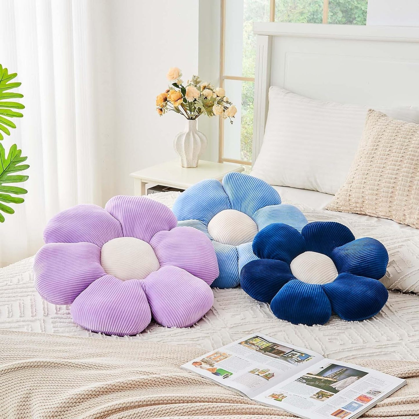 Navy Flower Pillow, 14.9" Cute Flower Shaped Floor Pillow, Aesthetic Floral Plush Daisy Decorative Throw Pillows for Bed Sofa Couch