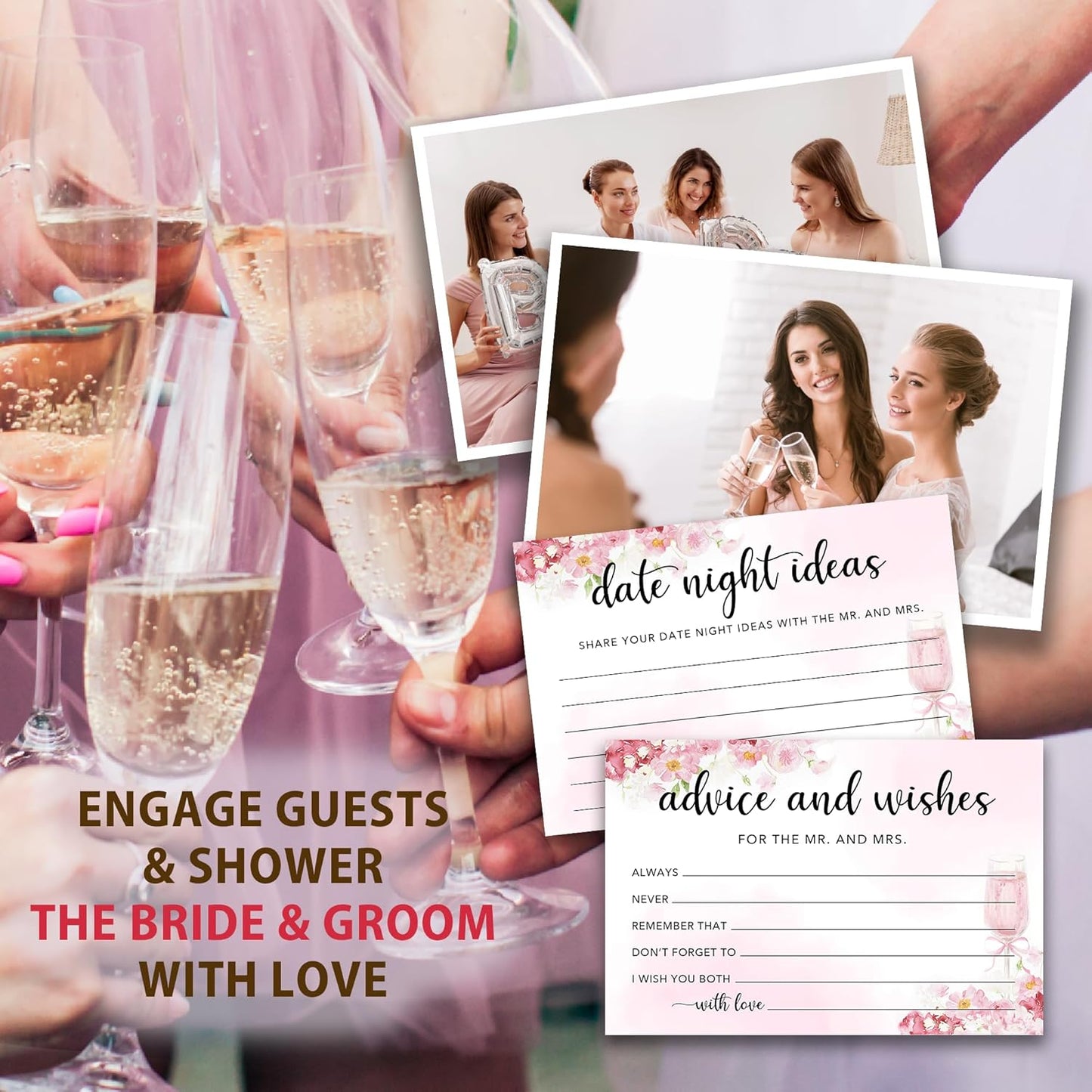 50 Pcs Advice and Wishes for the Mr and Mrs Cards in Box - Bridal Shower Guest Book - Perfect for Newlywed Games, Reception Decor, Engagement Parties & Anniversary Wishes(Champagne) - B02