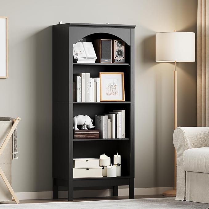 Arched Bookshelf with 4 Tier Open Shelves, Study and Living Room, Modern Black - Image 7