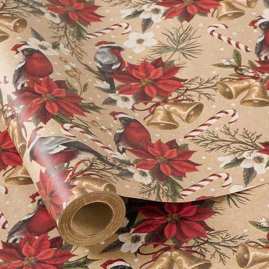 RUSPEPA Kraft Christmas Wrapping Paper Roll, Mini Roll, Cardinal Bird, Poinsettia, Golden Bell and Candy Cane Design, Vintage Kraft Gift Wrap for Women, Family, Xmas Holiday, 17 Inches x 16.4 Feet