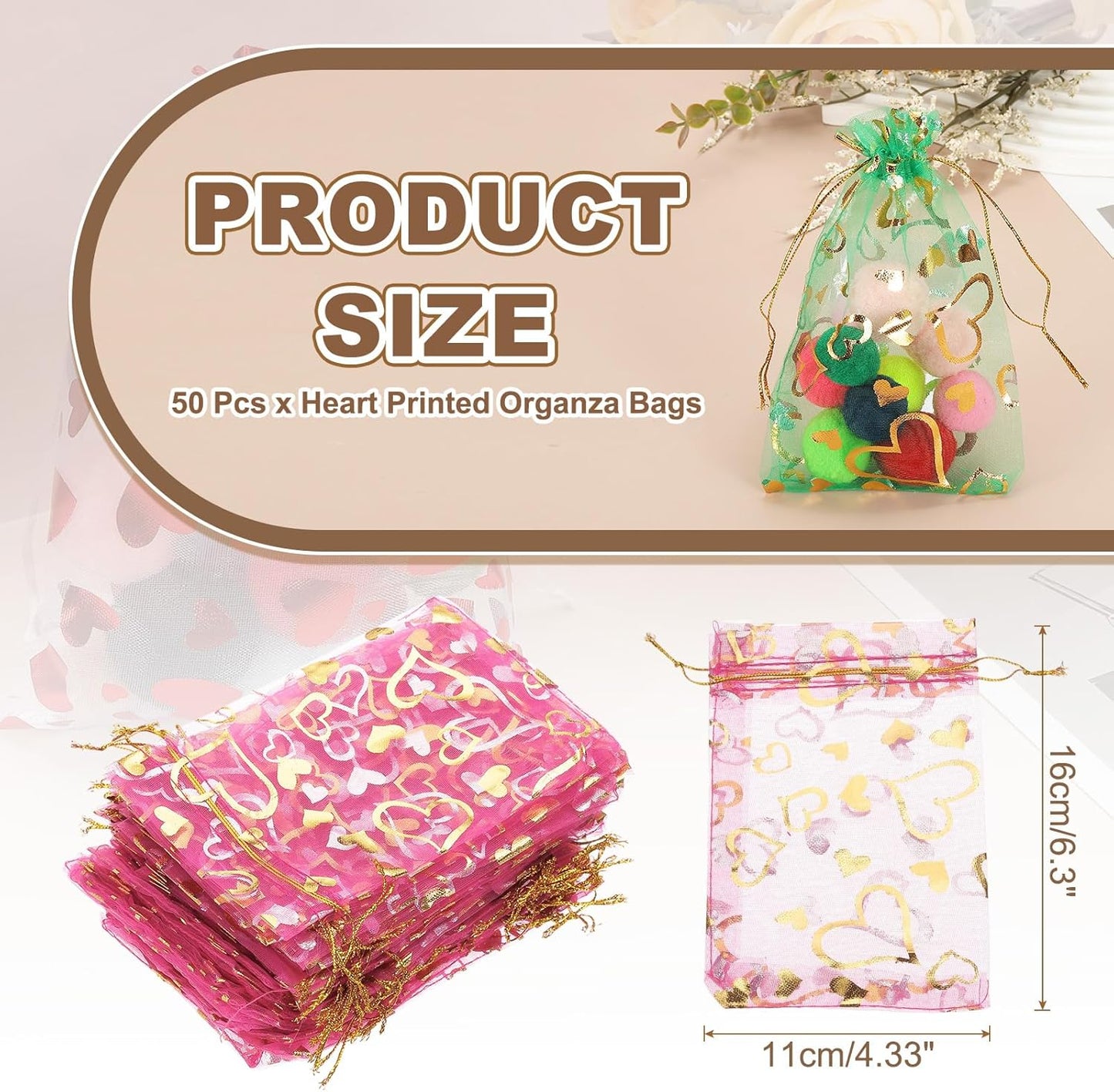 PATIKIL 50 Pcs 4x6 Inch Heart Printed Organza Bags, Rose Red Sheer Heart Organza Bags with Drawstring for Christmas Candy Jewelry Party Wedding Favor Gift