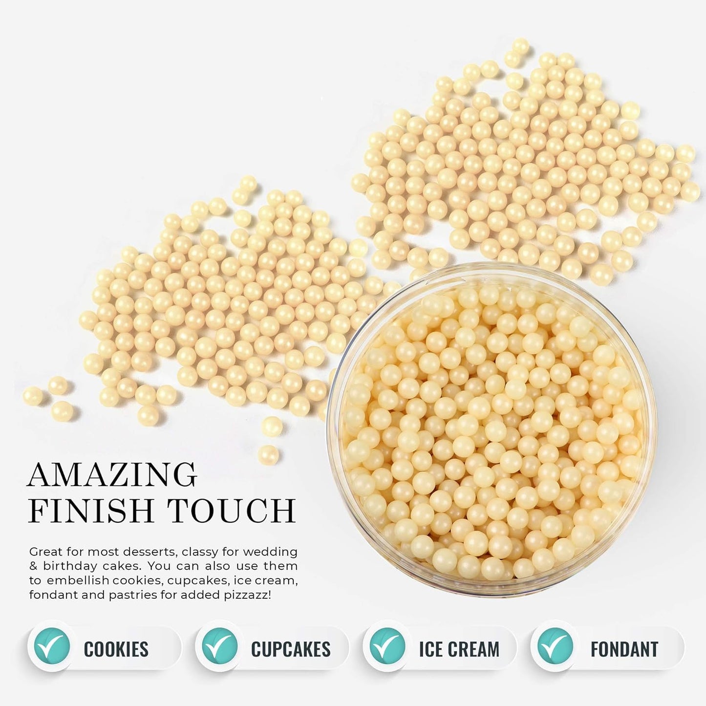 O'Creme Ivory Edible Sugar Pearls Cake Decorating Supplies for Bakers: Cookie, Cupcake & Icing Toppings, Beads Sprinkles For Baking, Certified, Candy Sugar Ball Accents (5mm, 8 Oz)