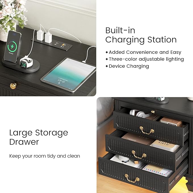 25.6'' Wide Bedside Table with 3 Drawers & Pull-out Tray, Smart Night Stand - Image 5