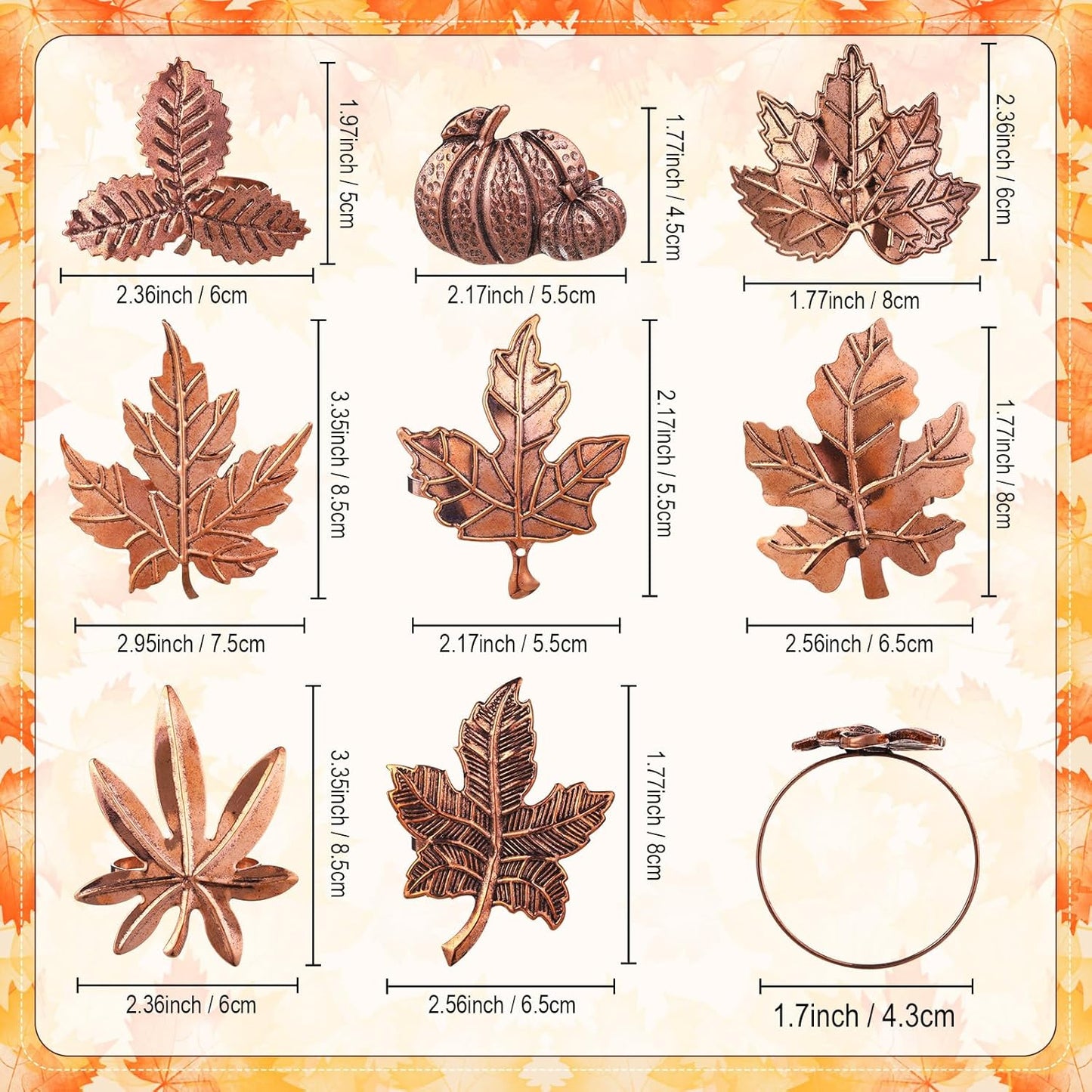 Remerry 8 Pcs Thanksgiving Napkin Ring Harvest Fall Leaf Pumpkin Holders Retro Alloy Metal Napkin Ring Buckle for Thanksgiving Wedding Table Supplies(Leaf and Pumpkin)