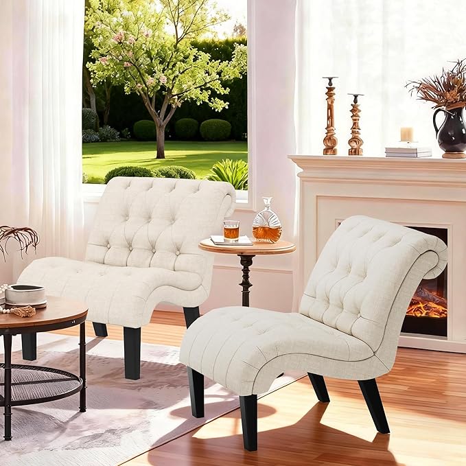 Accent Chairs Set of 2 Mid Century Modern Tufted Upholstered Chair - Image 7