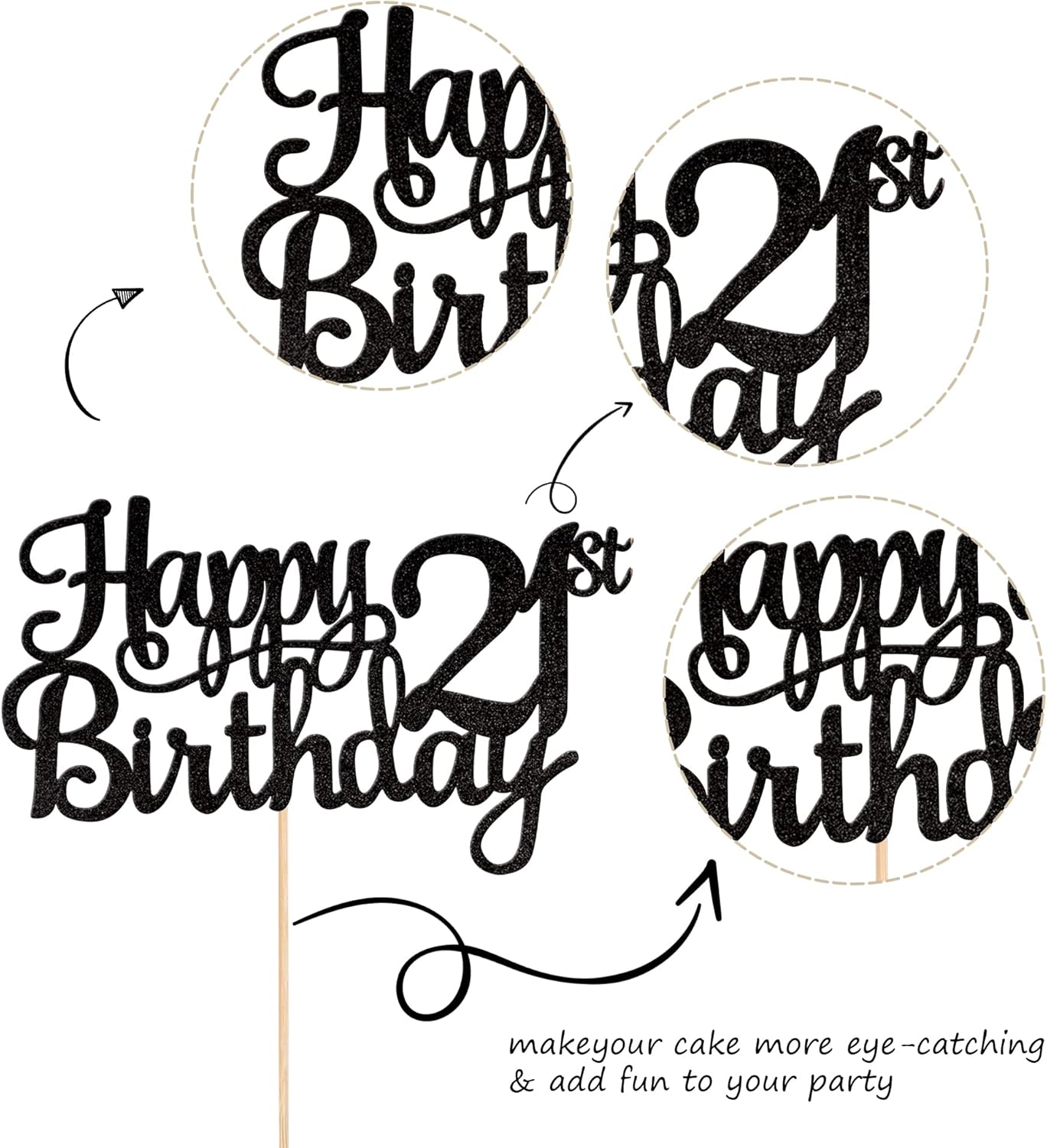 1 PCS Happy 21st Birthday Cake Topper Glitter Cheers to 21 Years Cake Pick 21 Fabulous Cake Decoration for 21st Birthday Party Decorations Supplies Black