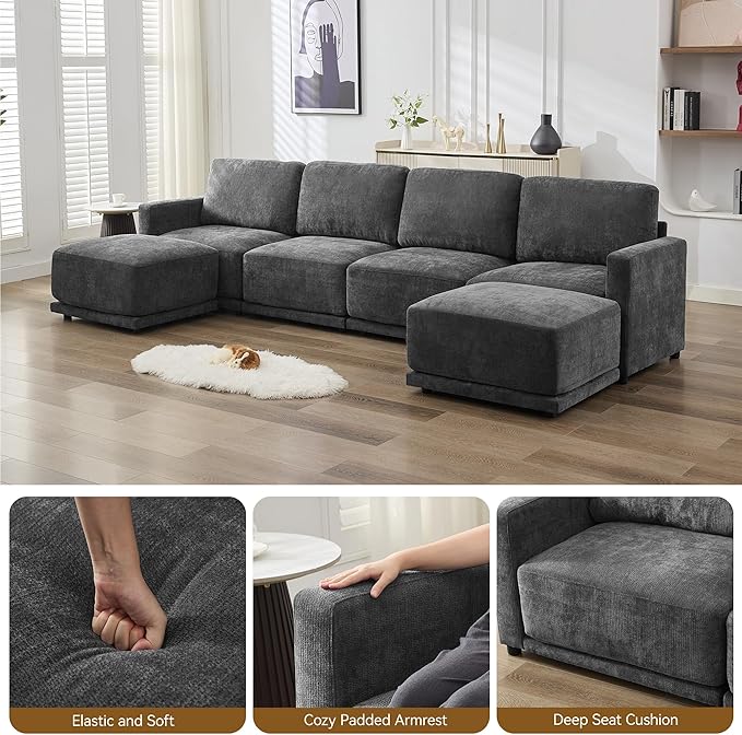 143.8" Modular Sectional Sofa Modern Chenille U Shaped Couch - Image 4