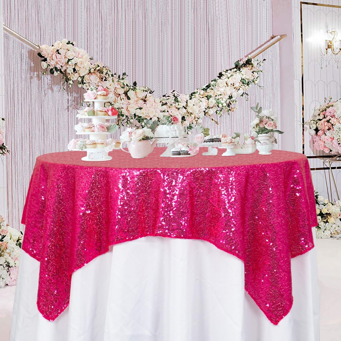ShinyBeauty Hot Pink Tablecloths Square 36X36 Inch 2 Pieces Small Tablecloth for Party Sparkle Table Cloth Shimmer Overlay Linen Wedding Birthday Tables