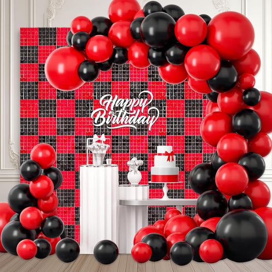 24PCS Black Red Shimmer Wall Backdrop, Square Sequin Photo Backdrops Panel, Glitter Wall Background for Birthdays, Weddings, Christmas, Halloween, Disco Bachelorette Party Decor (4FTx6FT)