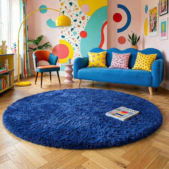 Navy Blue Round Rug 7Ft for Living Room Bedroom, Large Fluffy Fuzzy Circle Area by Amdrebio