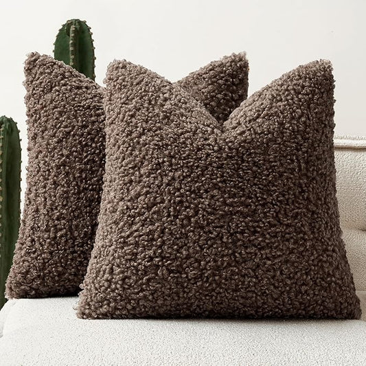 Faux Fur Throw Pillow Covers 24x24 Inch Set of 2 Boucle Neutral Decorative by Woaboy