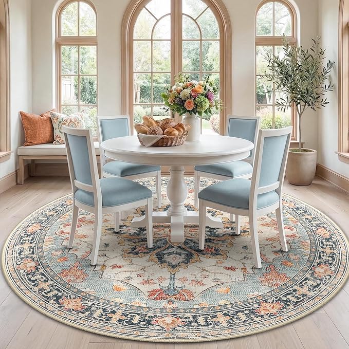 RELEANY Area Rugs Round 7ft Washable Non-Slip, Floral Vintage Distress Print by RELEANY