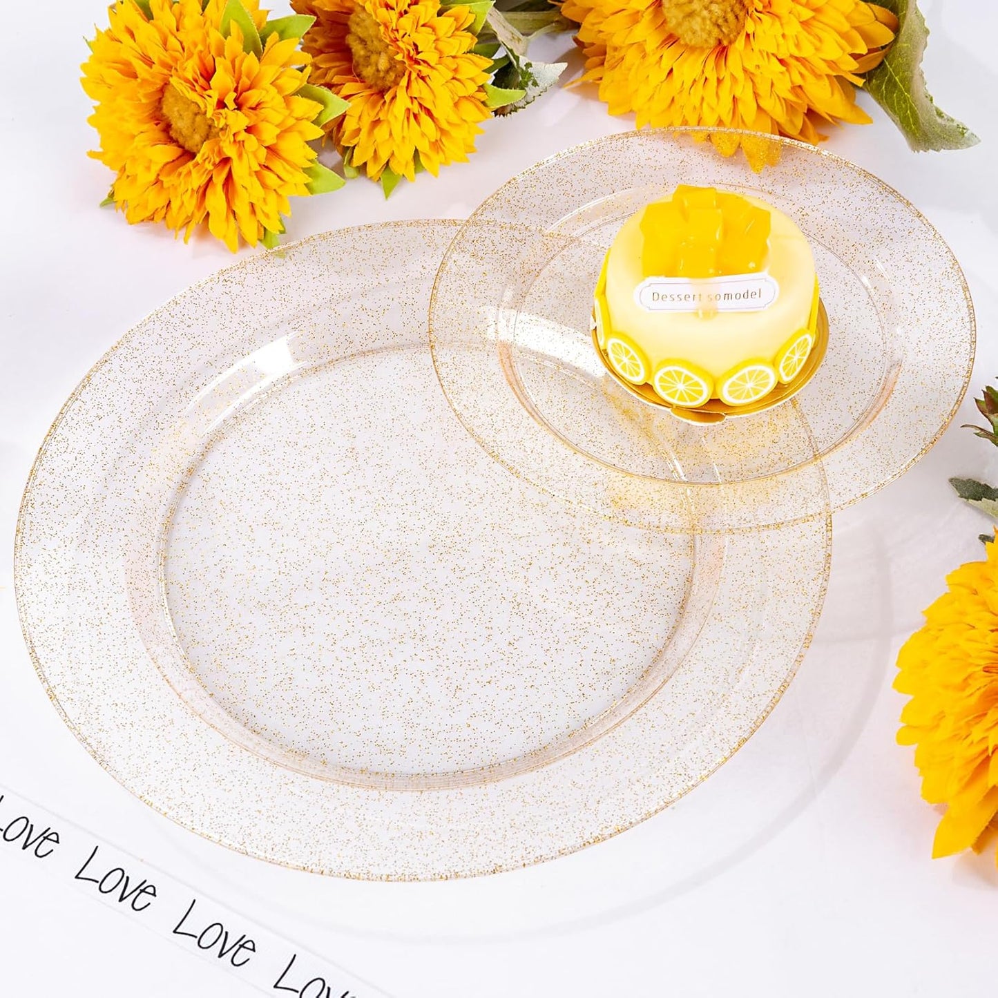 WDF 200PCS Gold Plastic Plates - Gold Glitter Plastic Plates - Heavy Duty Gold Glitter Disposable Plates - Include 100 Dinner Plates 10" and 100 Dessert Plate 7" for Parties/Wedding