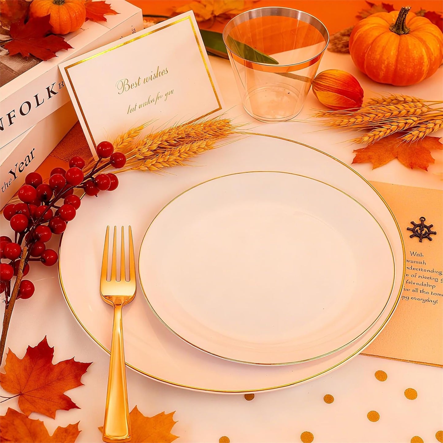 Festiva 176Pcs White and Gold Plastic Plates - White with Gold Rim Fall Dinnerware Set - 25Guest include Plates Cups Cutlery Napkins for Fall Party&Wedding& New Year&Thanksgiving