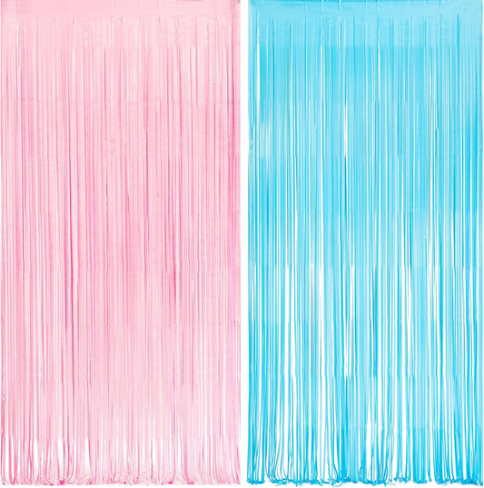 Pink and Blue Party Photo Backdrop - GREATRIL Foil Fringe Tinsel Streamers for Pastel/Easter/Birthdays Party Decorations - 3.2ft X 8.2ft - 2 Packs