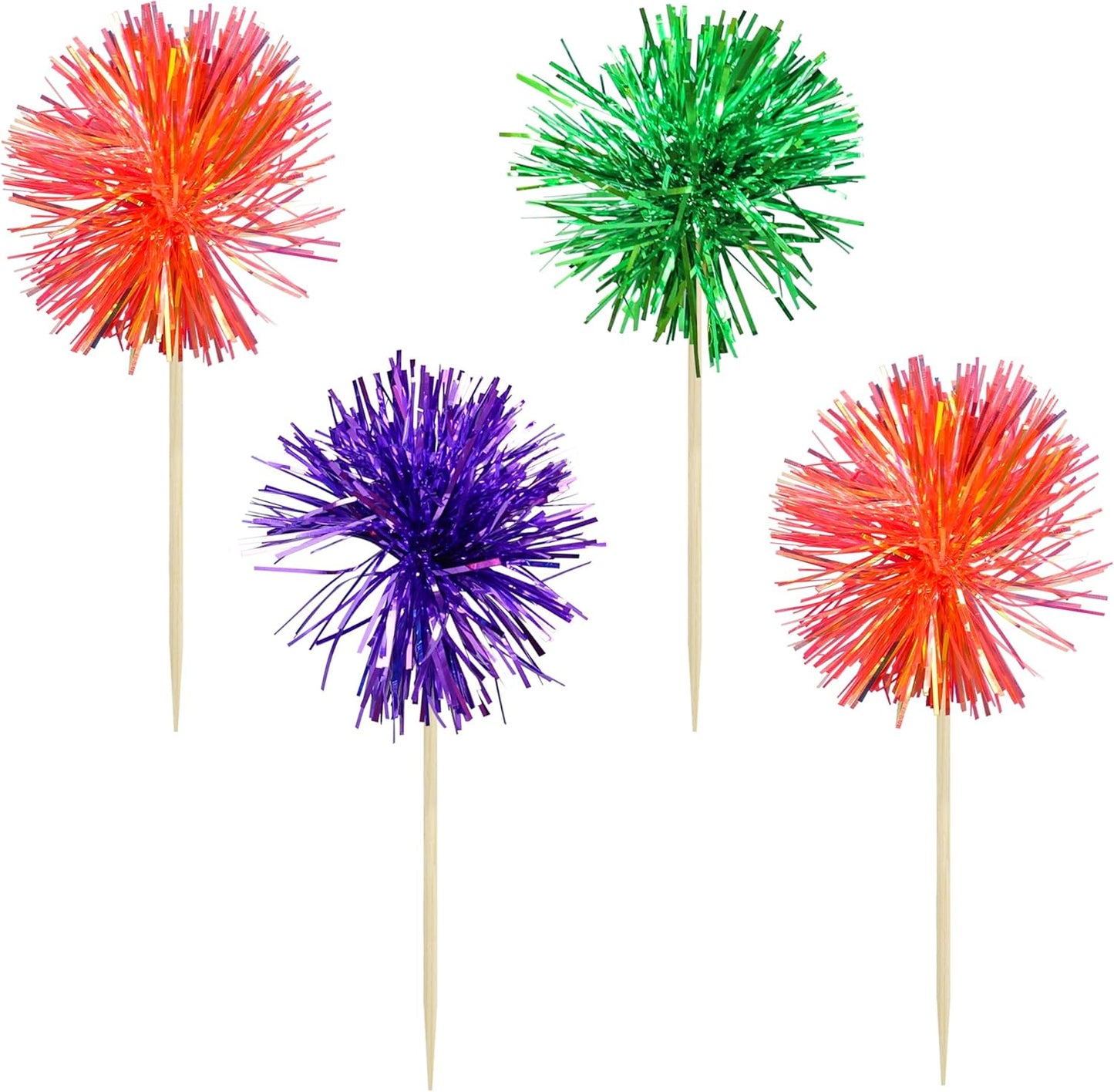 Gyufise 30Pcs Foil Firework Cupcake Toppers Sparkle Tinsel Cake Toppers Tinsel Drink Cake Decoration Cocktail Picks for Halloween Birthday Wedding Graduation Party Supplies Purple Green Orange