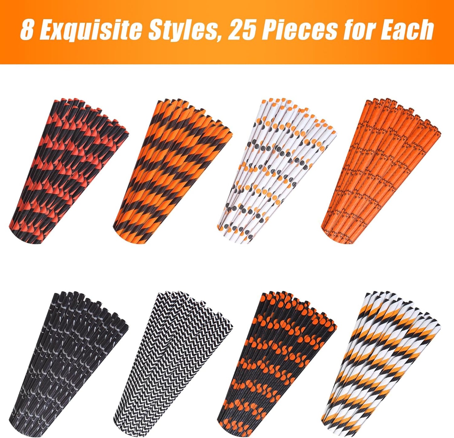 Cooraby 200 Pieces Halloween Paper Straws Pumpkin Bat Spider Web Pattern Straws Black Orange Biodegradable Paper Drinking Straws for Halloween Party Favors, 8 Styles