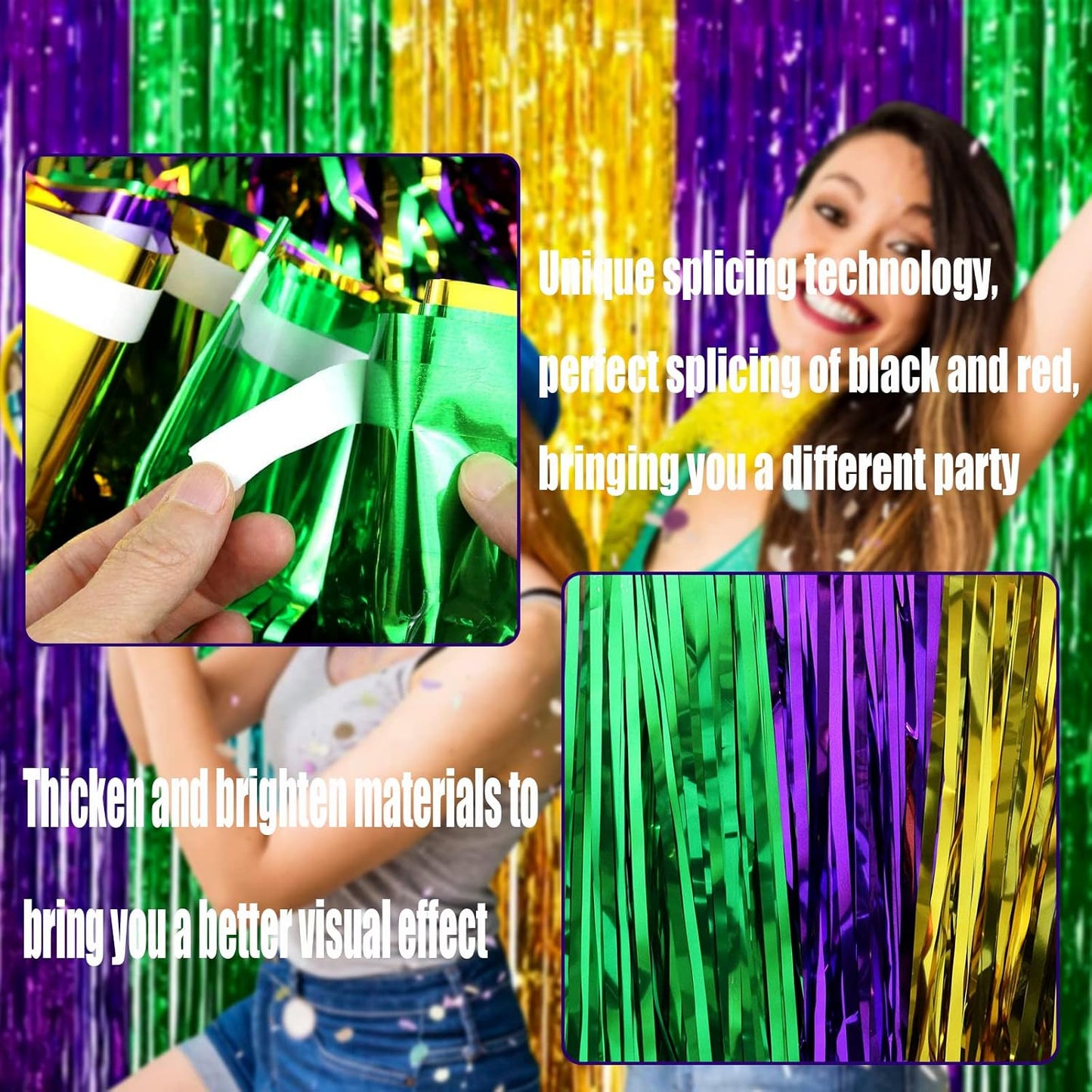 4 Pack Mardi Gras Foil Fringe Curtain Backdrop, 3.28Ft x 8.2Ft Gold Green Purple Metallic Tinsel Foil Fringe Streamers Curtains for Photo Booth, Wedding, Birthday, Carnival Party Decoration