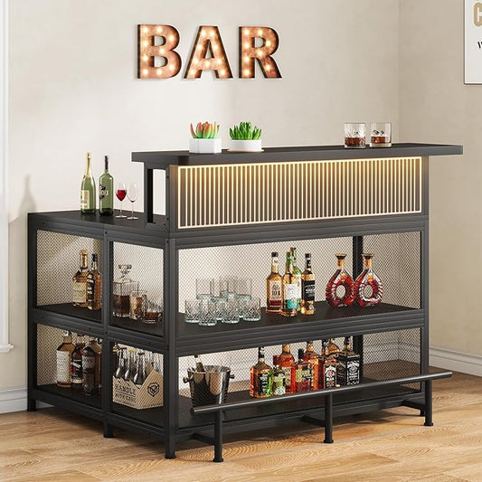 L-Shaped Home Bar Unit with Wine Glasses Holder and LED Light, Modern Bar Table by Condemo