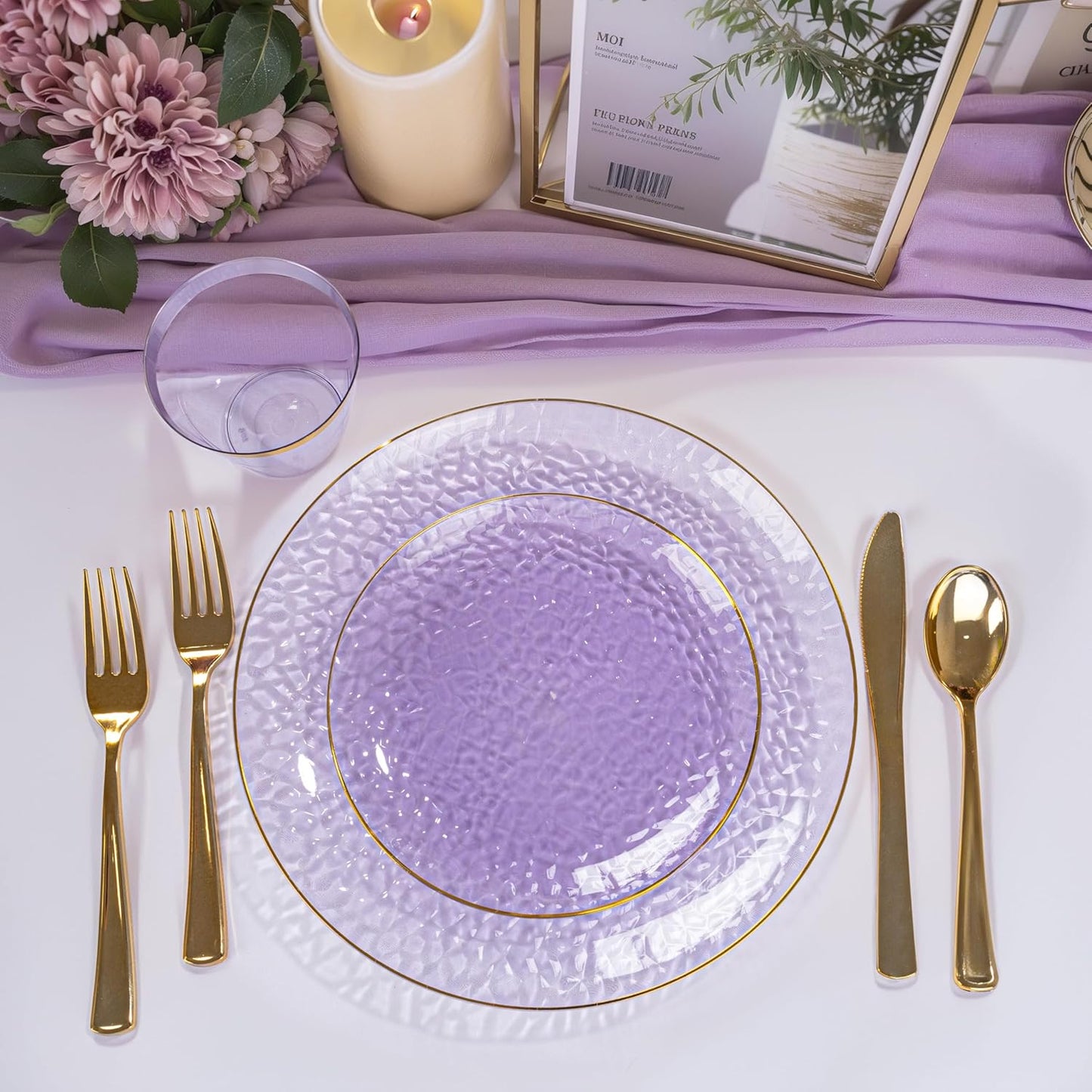 Rubtlamp 350 Pcs Clear Purple Plastic Plates, Gold Plastic Dinnerware Set (50 Guests), Purple Disposable Plates With Gold Rim, Hammered Party Plates Set for Wedding And Party