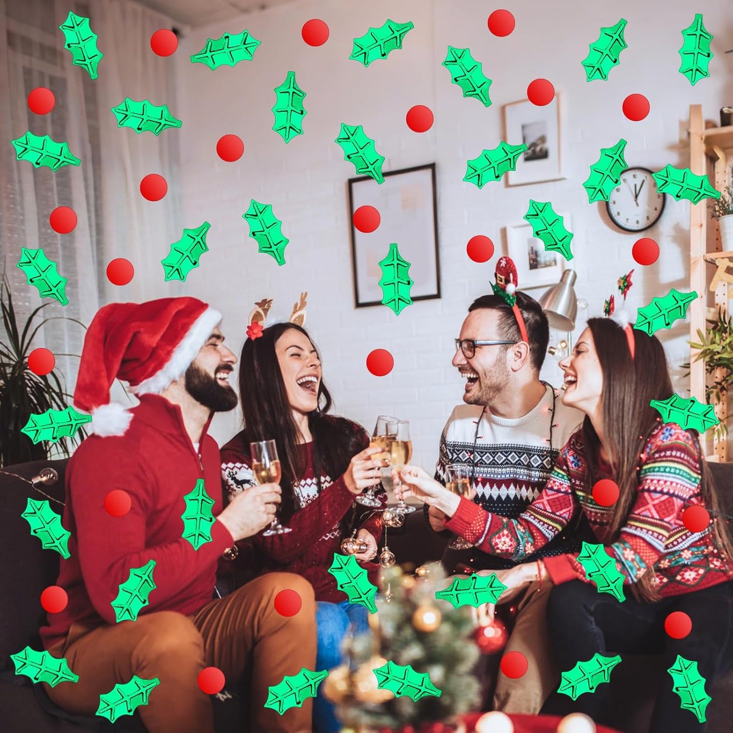 MARFOREVER Christmas Glitter Confetti, Red Green Xmas Holly Berries Confetti Christmas Metallic Foil Botanical Sequins Holly Leaves Scatter Sprinkles Table Decorations for Xmas Party Supplies