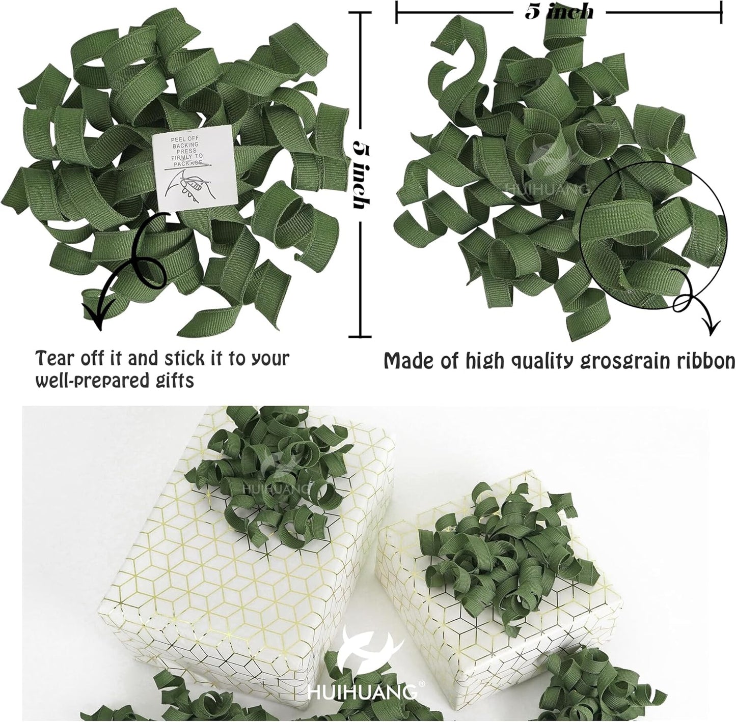 HUIHUANG Moss Green Bows for Gift Wrapping, Green Curly Ribbon Bows Self Adhesive Burst Gift Bow for Presents, Wine Bottle, Treat Bags, Wrap Accessories, Christmas, Wedding Party Favor - 6 Counts