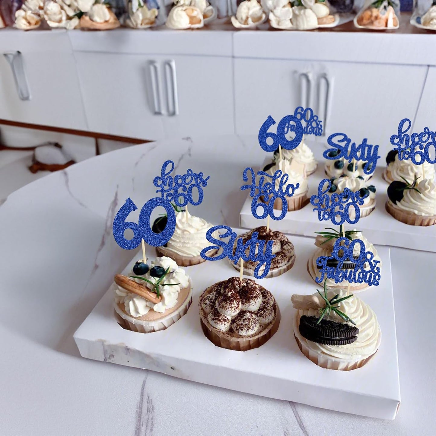 30Pcs Happy 60th Birthday Cupcake Toppers Deep Blue Glitter Sixty Cake Toppers Cheers to 60 Years Old Birthday Cupcake Picks for 60th Birthday Anniversary Party Cake Decorations Supplies