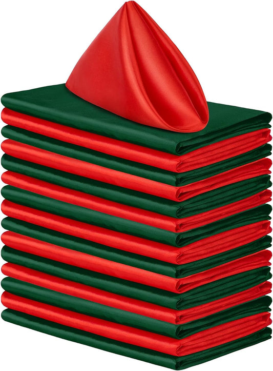 Aneco 16 Pack Christmas Square Satin Napkin Bright Silk Table Napkin Xmas Soft Smooth Fabric Table Napkin for Christmas Wedding Banquet Party Decoration, Red, Forest Green, 20 x 20 Inch