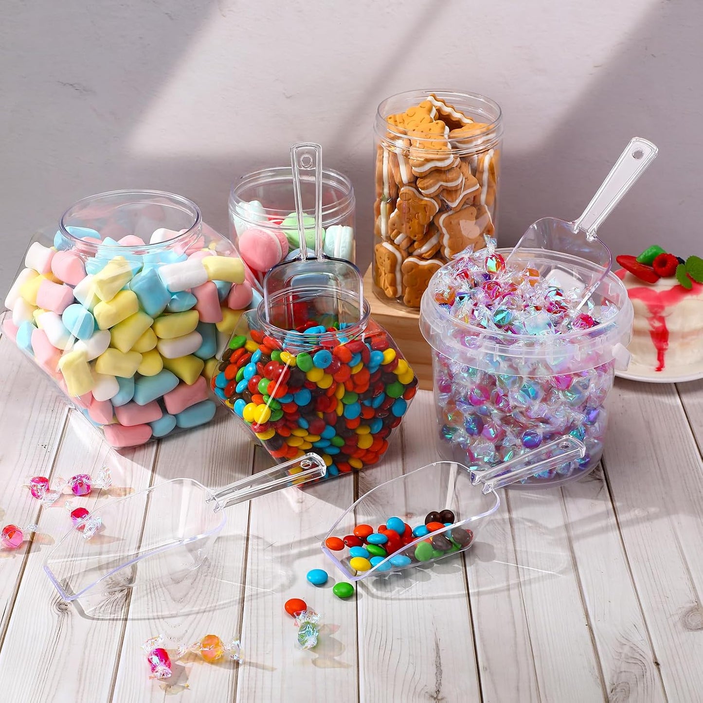 Hestya 4 Pcs Christmas Multi Purpose Clear Plastic Scoops for Candy Buffet Acrylic Kitchen Ice Food Popcorn Scoops for Protein Powders, Ice Cream, Coffee, Tea Jar (7.8 Inch)