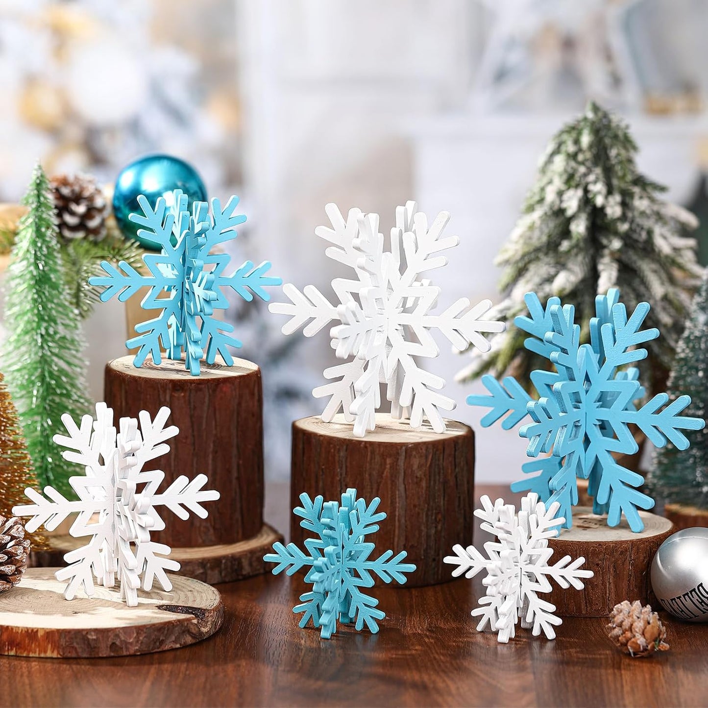 Bucherry 12 Pcs Wooden Snowflake Table Decor 3D Snowflake Tabletop Signs and Centerpiece for Christmas Xmas Winter Wonderland Decorations Home Party(White, Light Blue)