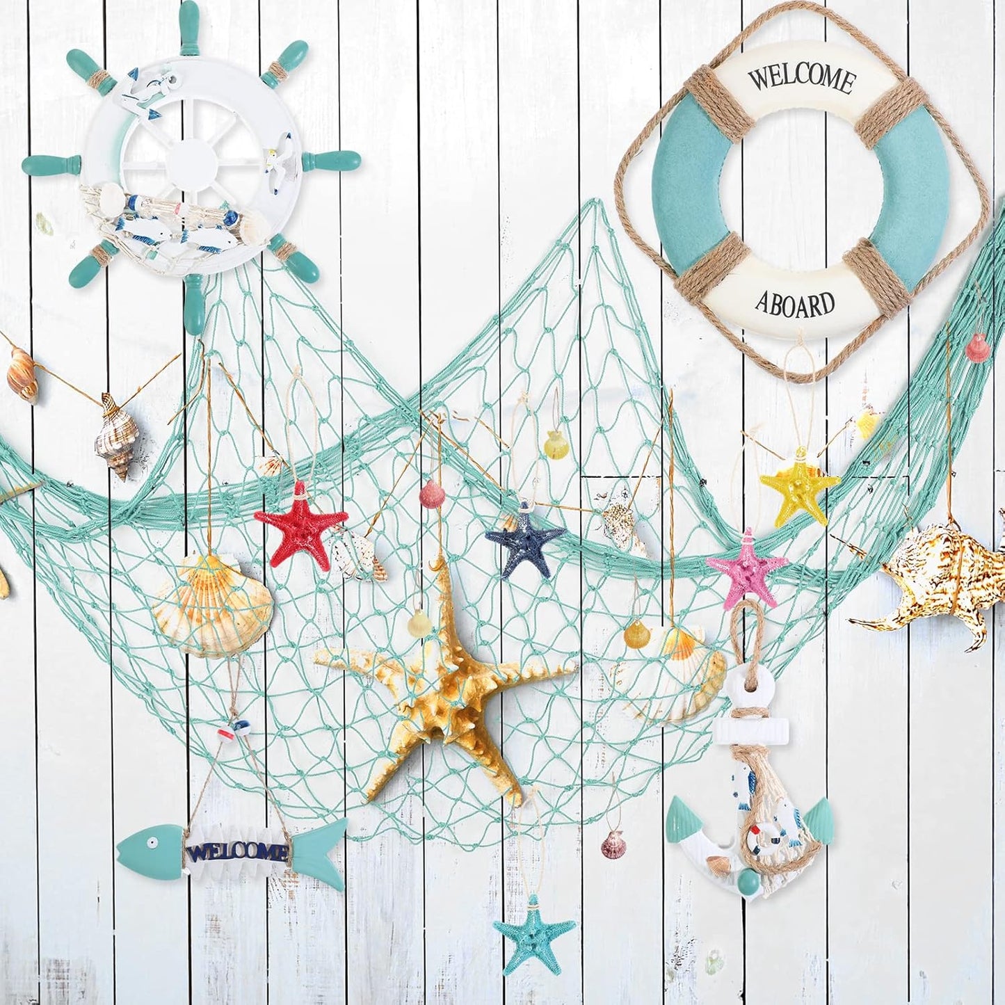 Marsui 11 Pcs Wooden Nautical Wall Decor Fishing Net Decorations, Include Decorative Fishing Net, Ship wheel, Fish Skeleton, Life Ring, Anchor, Starfish Beach Decor for Mediterranean Party (Teal)