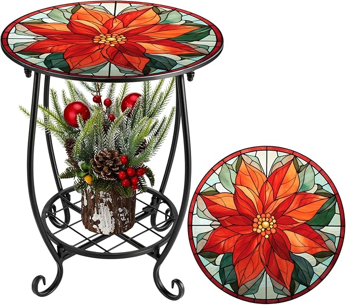 Cinnvoice Outdoor Side Table Round Small Mosaic Patio Accent Indoor End Plant by Cinnvoice