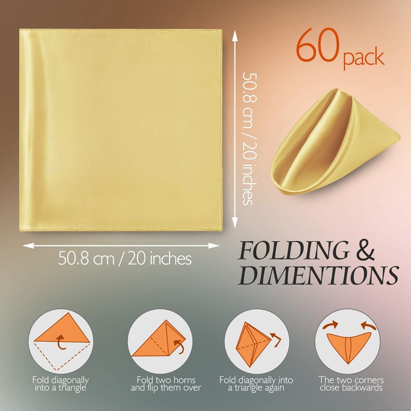 Manyshofu 60 Pieces Yellow Gold Satin Napkins - 20x20 Inches Cloth Napkins, Square Satin Fabric Napkin Set - Soft & Reusable Table Napkins for Wedding Dinner Party Lunch Banquet Restaurant Decoration