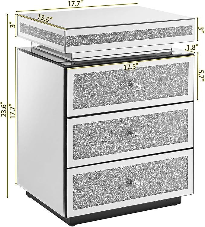 Modern Glam Glass Mirror Nightstand, 3-Drawer Luxury Mirrored Accent Table - Image 2