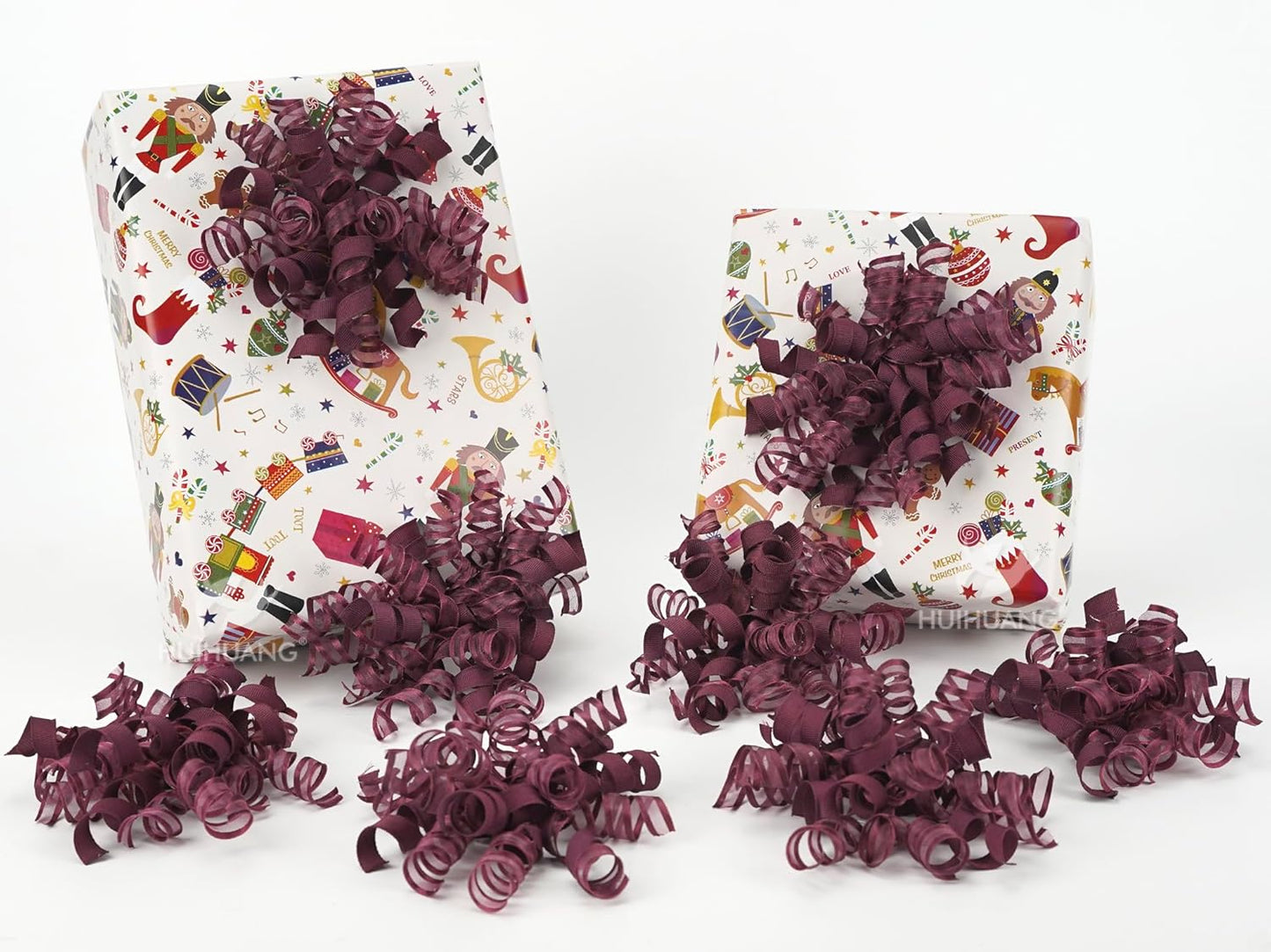 HUIHUANG Christmas Bows for Gift Wrapping Burgundy Curly Gift Bow 5 inch x 8 Counts Wine Red Self-Adhesive Xma Bows for Presents, Paper Bag, Party Favors, Wrapping Accessories