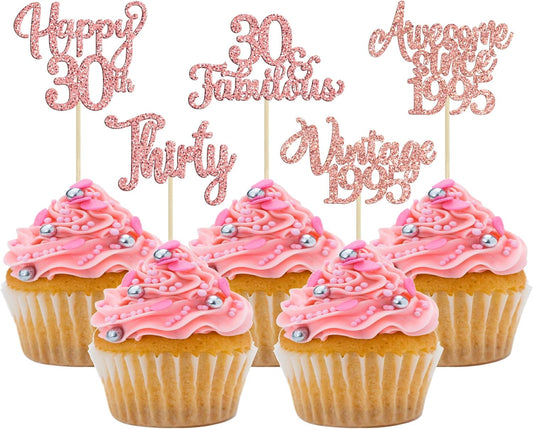 30Pcs Vintage 1995 Cupcake Toppers Glitter Thirty 30 Fabulous Happy 30th Birthday Cupcake Picks Cheers to 30 Years for 30th Birthday Anniversary Party Cake Decorations Supplies Rose Gold